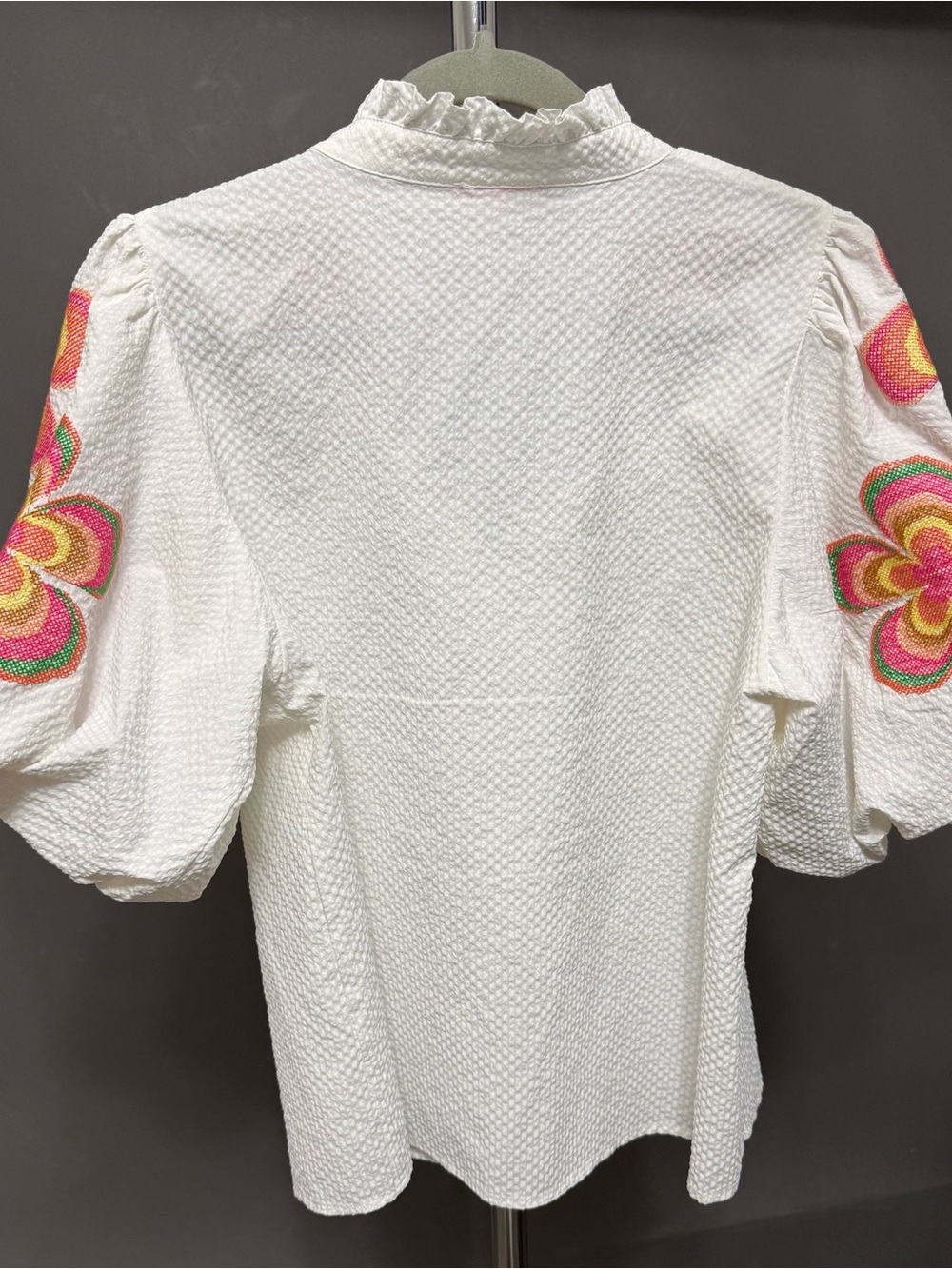 THML White Textured Blouse with Pink, Orange & Green Floral Embroidery - Picture 2 of 2